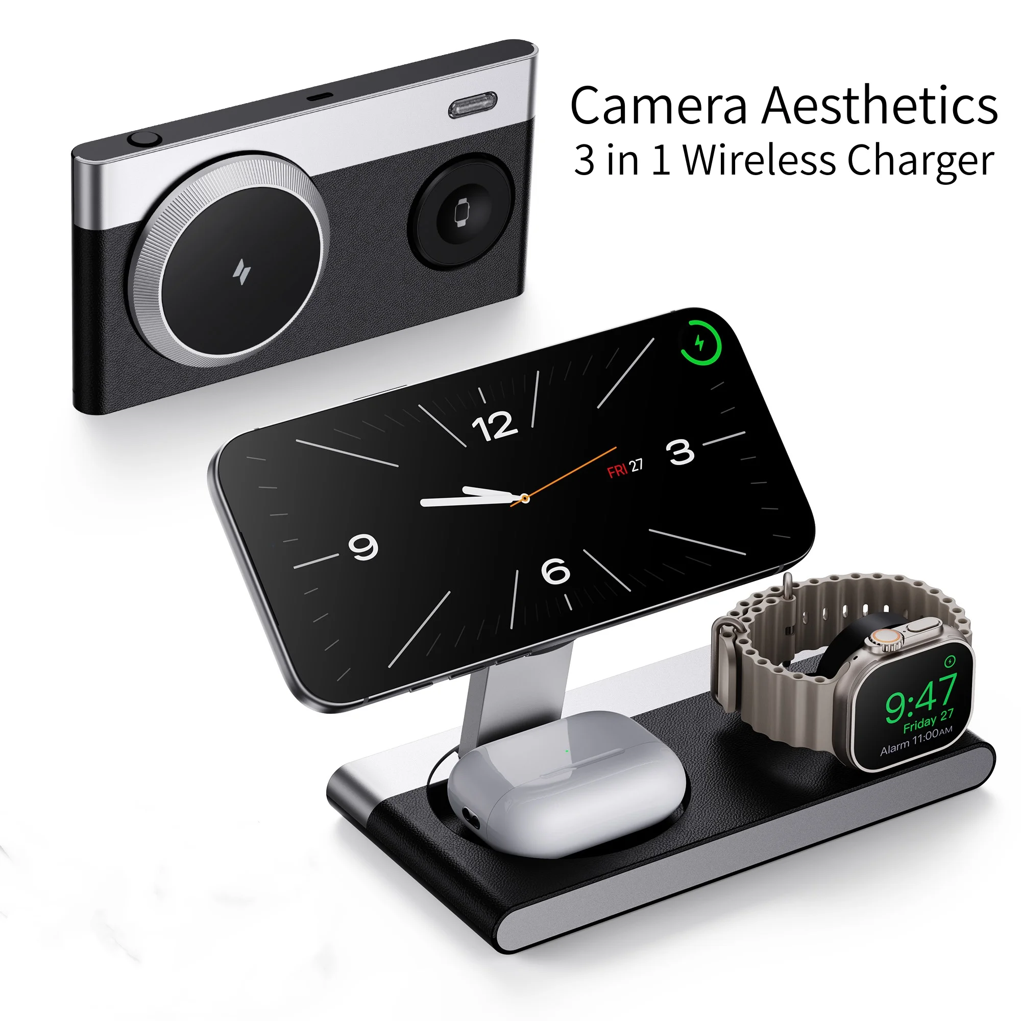 カメラデザインの3-in-1ワイヤレス充電器。iphone-18、17、16、15、14、13-pro、pro-max、apple-watch-12、11、10に対応。