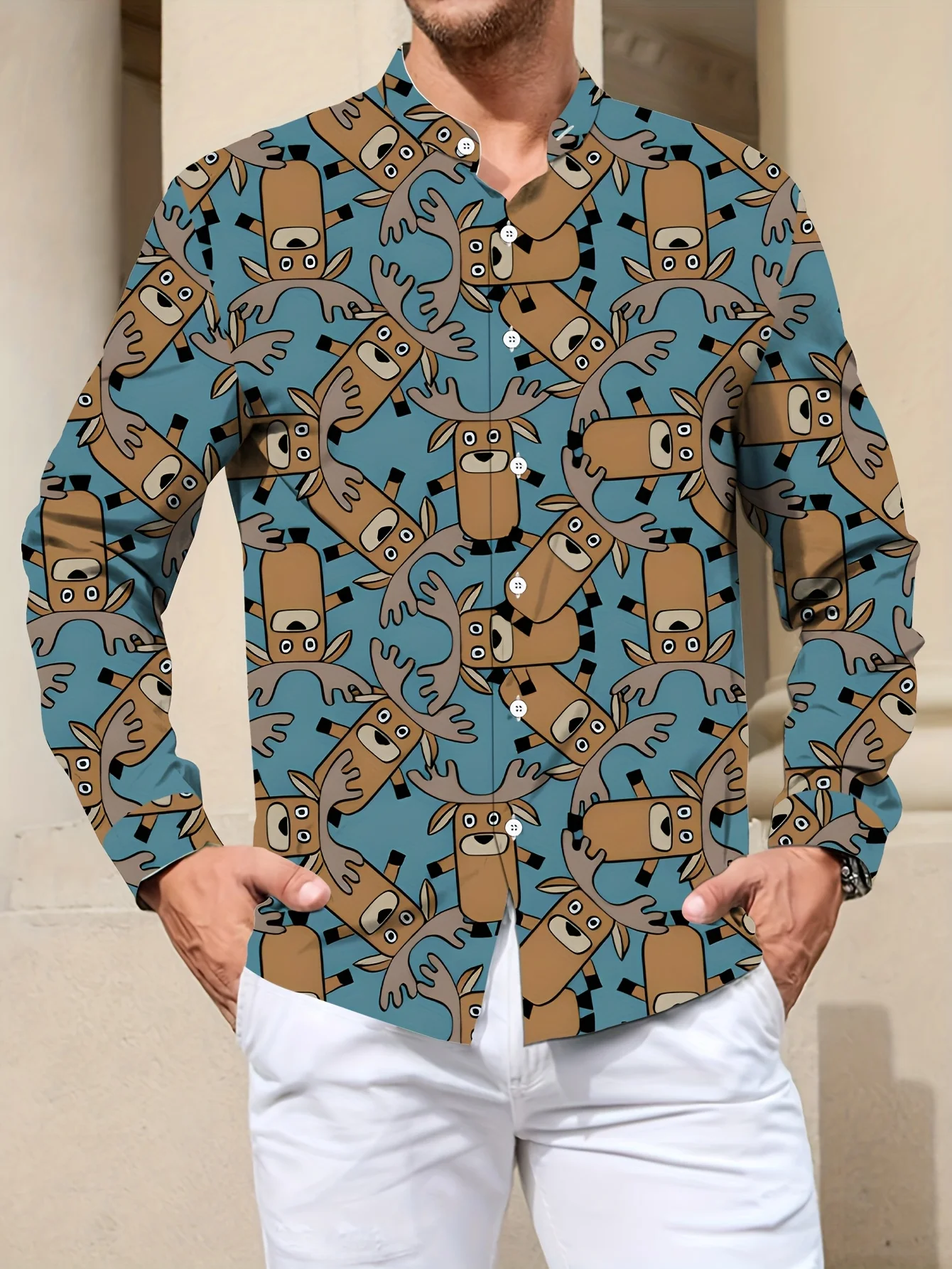  Men'S Stylish Dopamine Splicing Patterned Shirt - Long Sleeve, Button-Up, Lapel Collar