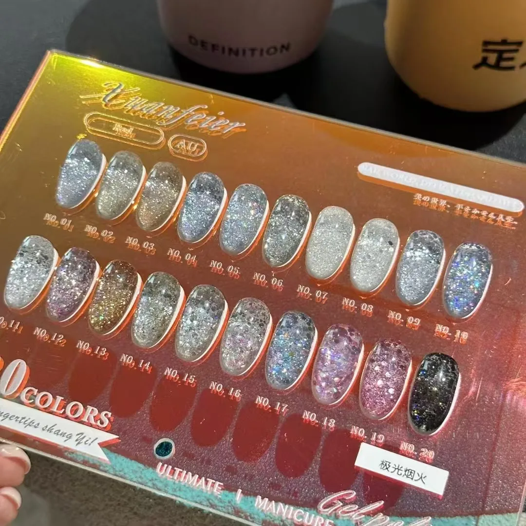 XUANFEIER 20 couleurs paillettes couleur gel pour ongles ensemble salon de manucure 2024 nouvelle offre spéciale Gel UV Non toxique kit d'art des ongles de mode en gros