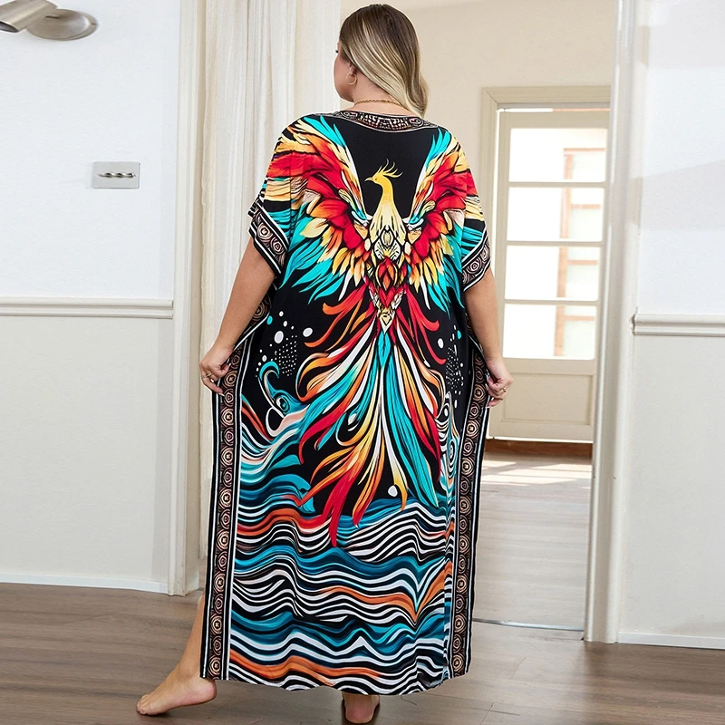 Phoneix Print Kaftan Plus Size Maxi Dress Lounge Wear Boho Chic Vibrant Tribal Vibe Women Caftan Ethnic Island Beach Cover Ups
