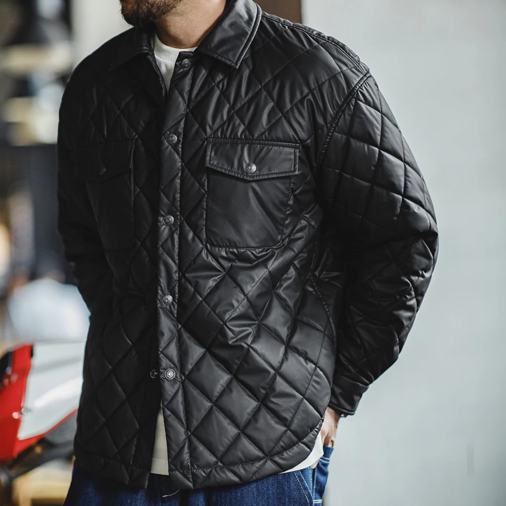 Maden Retro Quilted Diamond Grid Jacket Loose Fit Cotton-padded Coat Collar Warm Versatile Men\'s Outerwear for Autumn and Winter