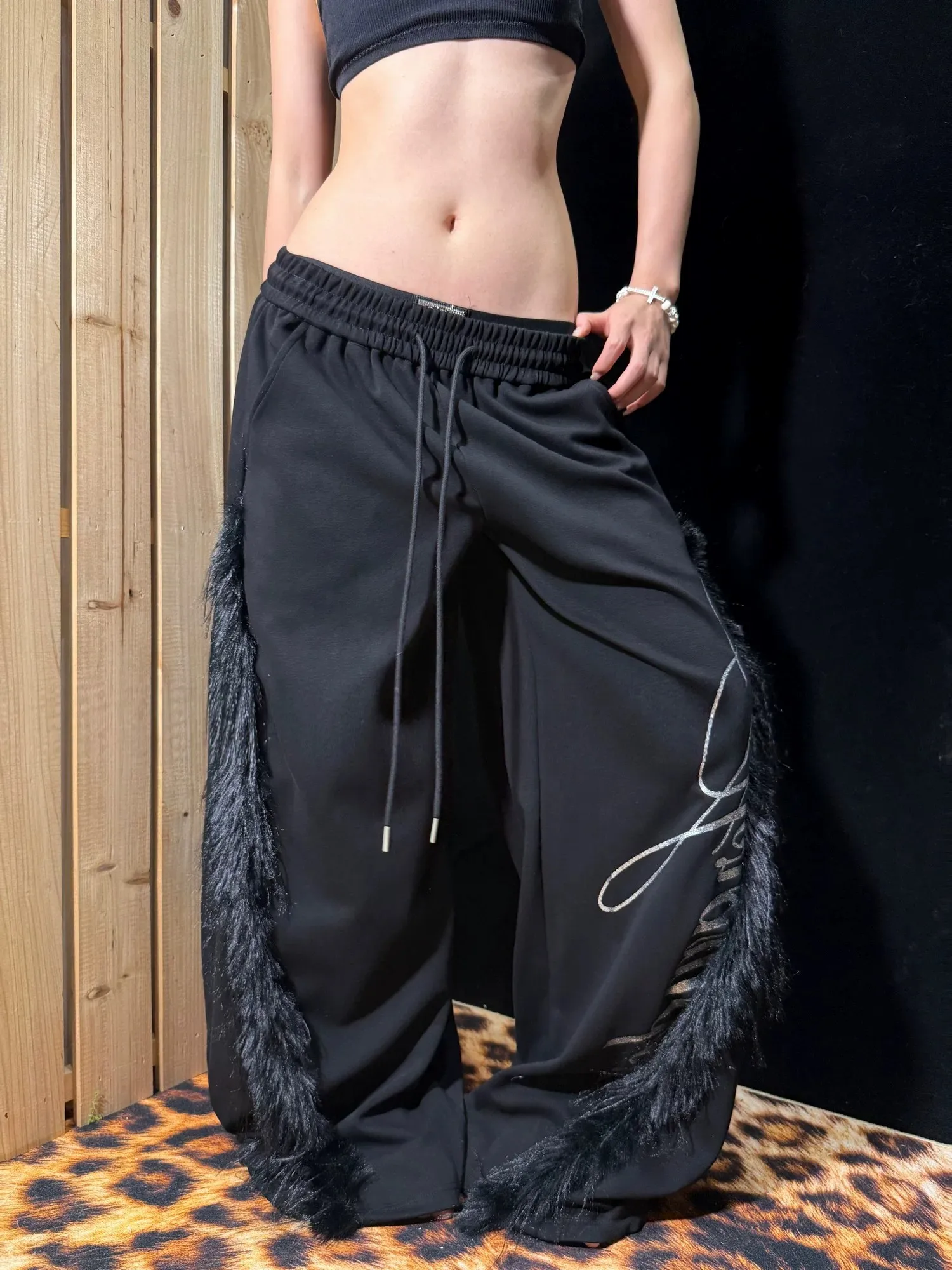 American Style Asymmetrical Letter Design Wide Leg Knife  Casual Pants Women Loose Sexy Jazz Dance Loose Fit Trousers