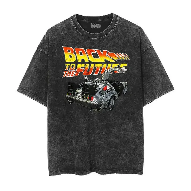 240G Blockbuster Back to the Future Sports Car Racing Movie Old Washed Short Sleeves