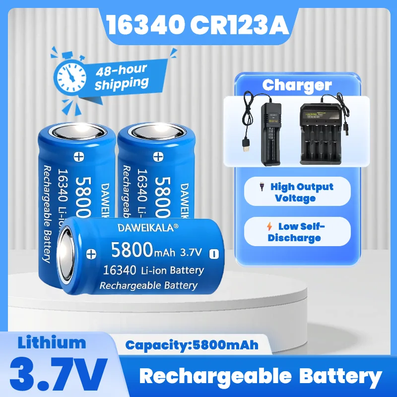 

16340 CR123A Rechargeable Battery 3.7V 5800mAh Li-ion – with Wall Charger for LED Flashlights, Travel, Emergency Kits
