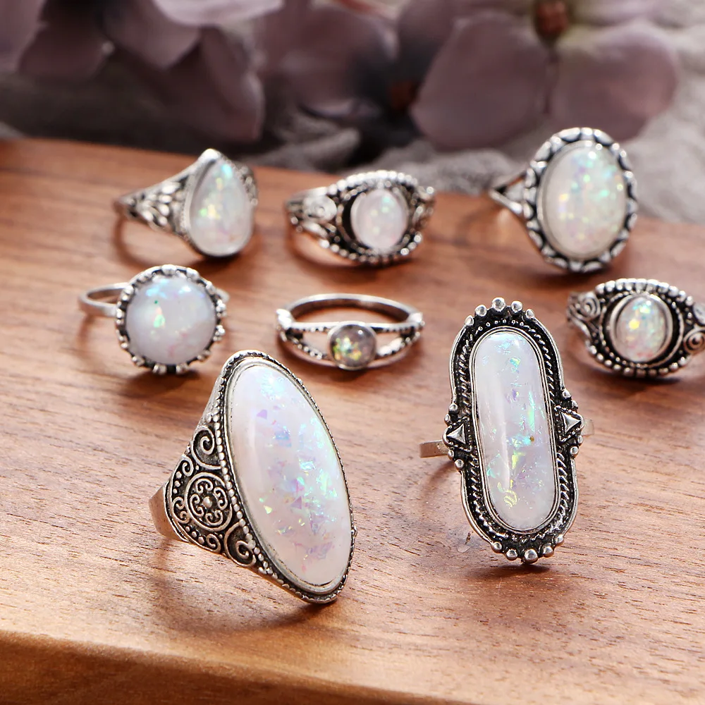 Europe And The United States Summer New Australian Treasure Retro Ring Set Of 8 Pieces