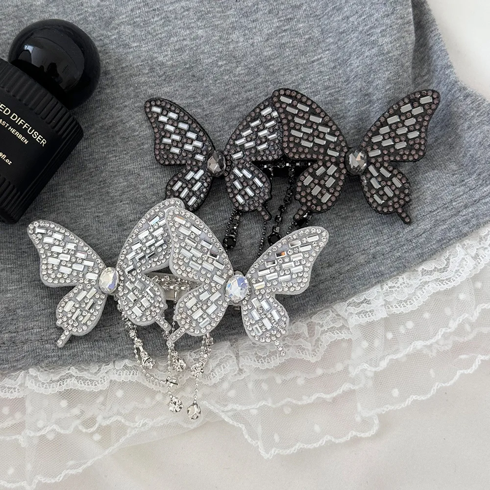

2 Pcs Ladies' Hair Clips Set Korean Rhinestone Butterfly Tassel Shiny Elegant Sweet Barrettes High-quality Hair Accessories