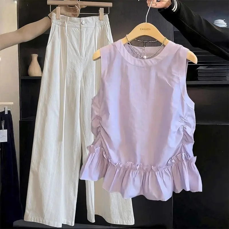 Women Clothing Summer Fashion Casual Ruffles Solid Color O-neck Female All-match Simplicity Elegant Appear Thin Sleeveless Tank