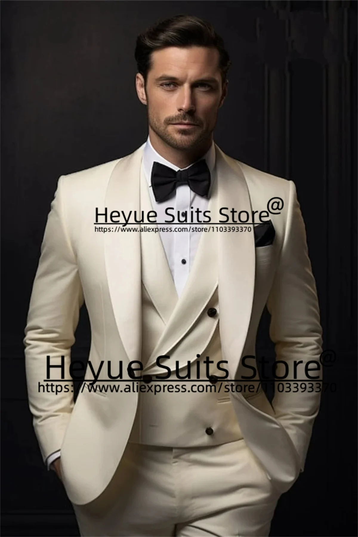 Cream-coloured Formal Wedding Suits For Men Slim Fit  Shawl Lapel  Groom  Tuxedos 3Pieces Sets Elegant Male Blazer Costume Homme