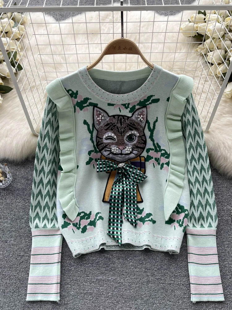 American Vintage Harajuku Sweater Women's Autumn Winter New Diamonds Cat Bow Embroidery Cartoon Pullover Fashion Commuter Top