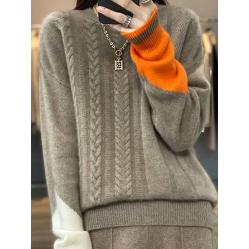 Women's Half High Collar Sweater Autumn Winter New Fashion Solid Color Screw Thread Long Sleeved Straight Pullover Knitted Tops