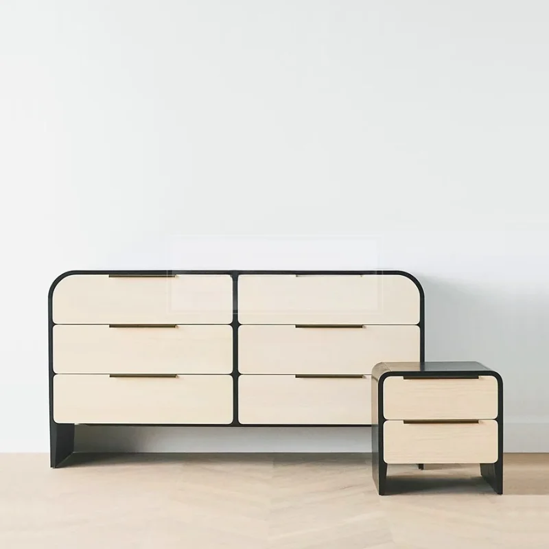 Six-chest cabinet, solid wood drawer, bedroom, bedside storage, living room, black and white color matching, home bucket