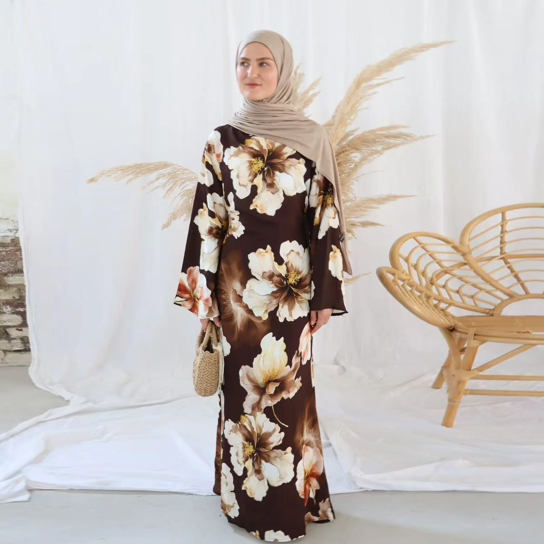 

Eid Floral Print Muslim Dresses for Women Luxury Dubai Abaya African Kaftan Arab Robe Ramadan Islamic Clothing Jalabiya Vestidos