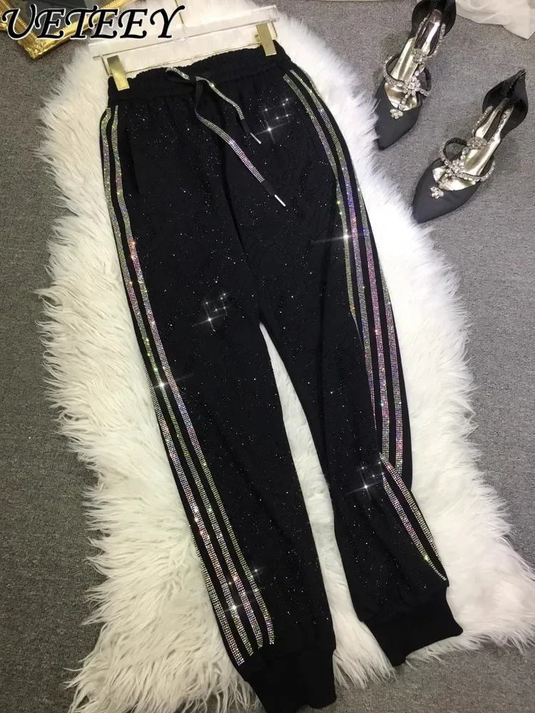 

Oversize Fat Girls Heavy Industry Hot Diamond Casual Sweatpants Women's Autumn Winter High Waist Black Versatile Trousers
