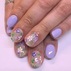 24pcs Ballerina False Nails Flowers Leaf French Tip Press on Nails Short Purple Fake Nails DIY Manicure Detachable Nail Tips Art