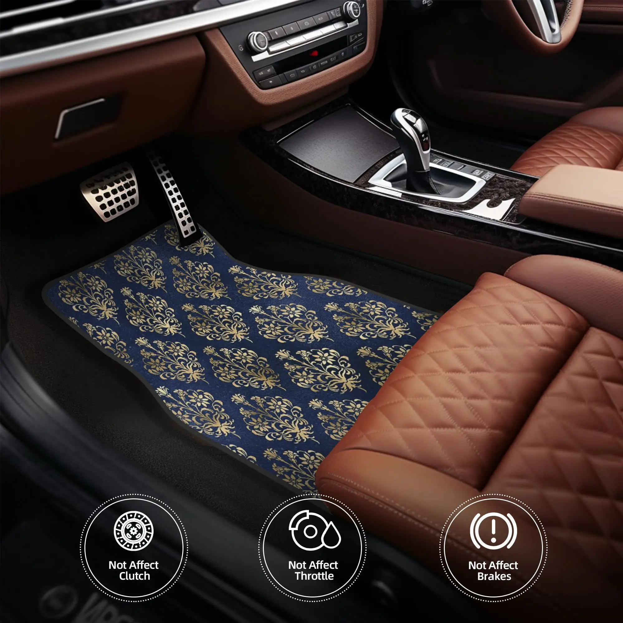 4pcs Golden Floral Damask Car Floor Mats - Durable Polyester Fiber, Fit For All Vehicles, Elegant Blue & Golden Design, Perfect