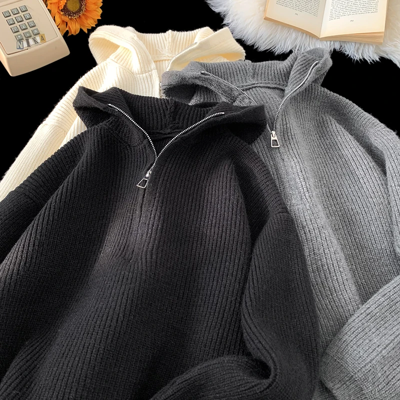 2025 Autumn Solid Color Half-zip Hooded Sweatshirt Japanese Casual Knitted Hoodie Trend Versatile Tops Women Men Clothing
