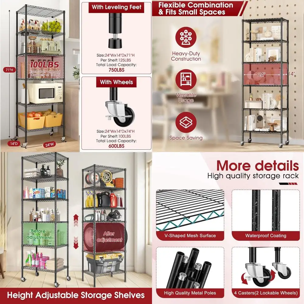 

6-Tier Heavy-Duty Wire Shelving, 14 Deep x 24 Wide x 71 High, 750 lbs Capacity, Space-Saving with Wheels for Various Rooms