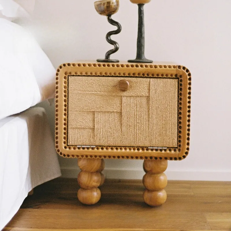 Medieval solid wood retro Japanese bedside table, rattan cute decorative locker, Danish designer French cabinet