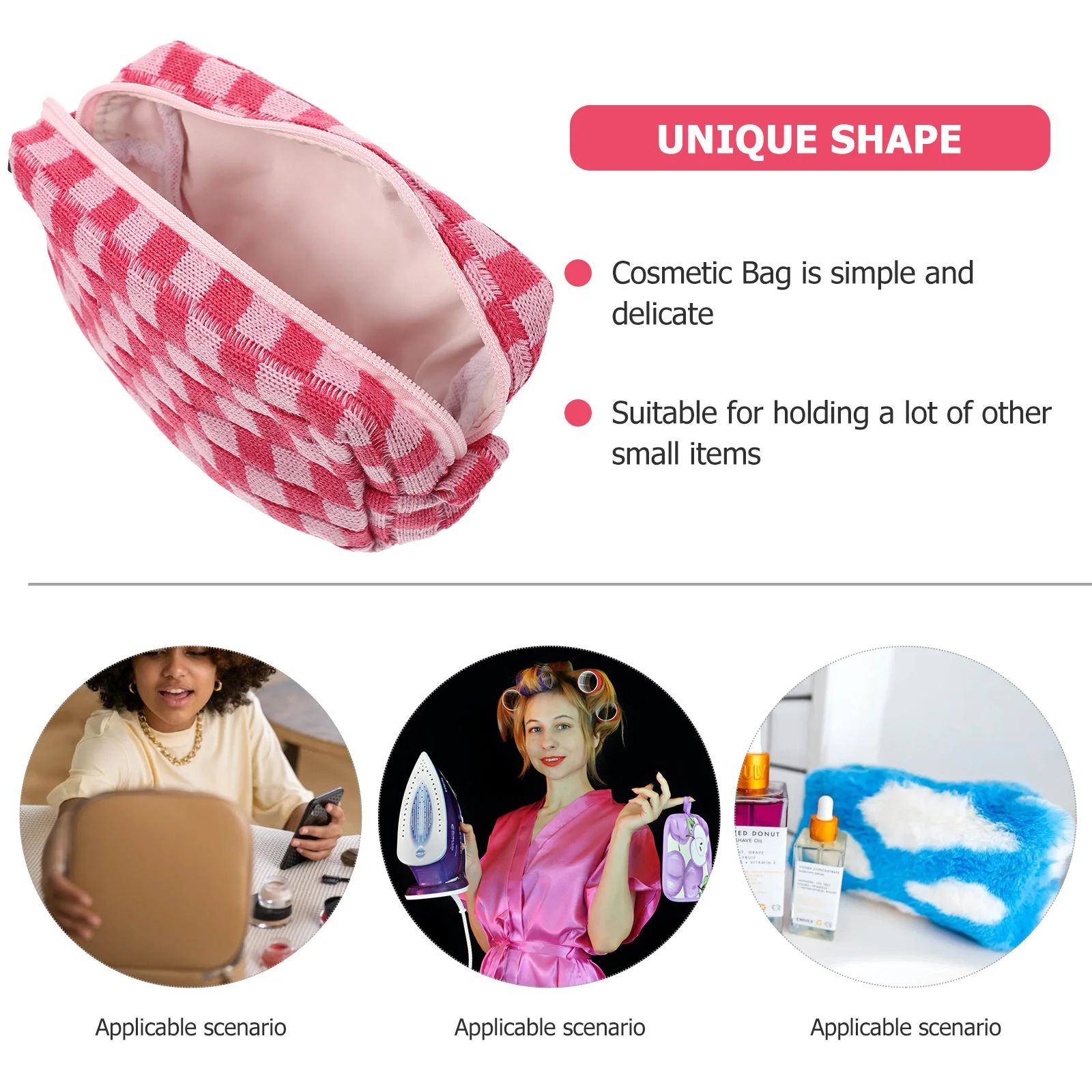 

Checkered Makeup Woolen Yarn Travel Toiletry Large Portable Makeup Organizer Zipper For Girls Multi-Function Storage