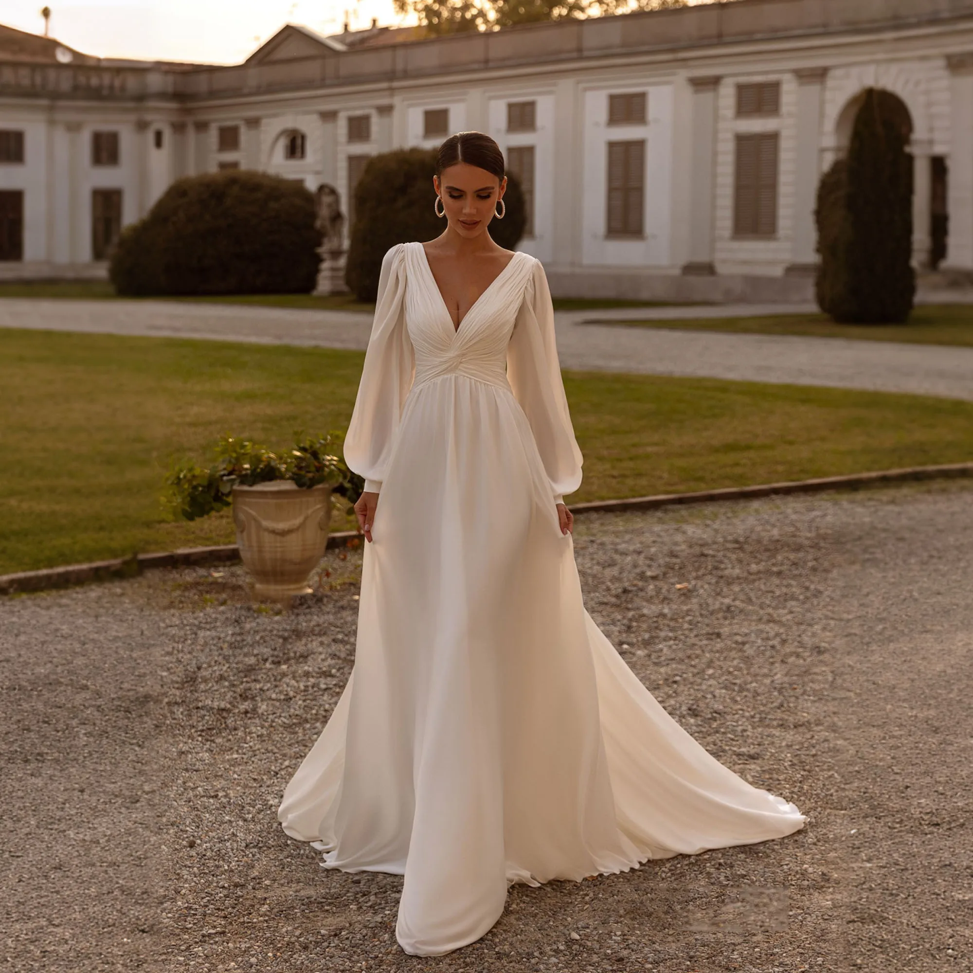 Chiffon A-Line Civil Wedding Dress Puff Sleeve V Neck Backless Vestido Noiva Minimalist Ivory Bride Party Gowns Customized