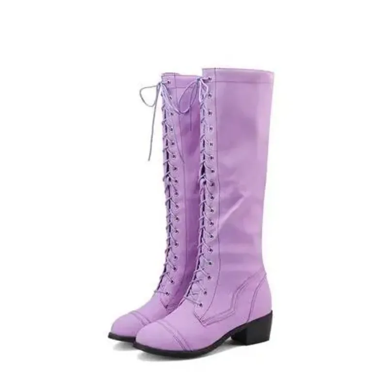 2025 New Women Cosplay Riding Knee High Boots Med Heels Lace Up Party Date Shoes Black Pink Orange Purple Plus Size 43