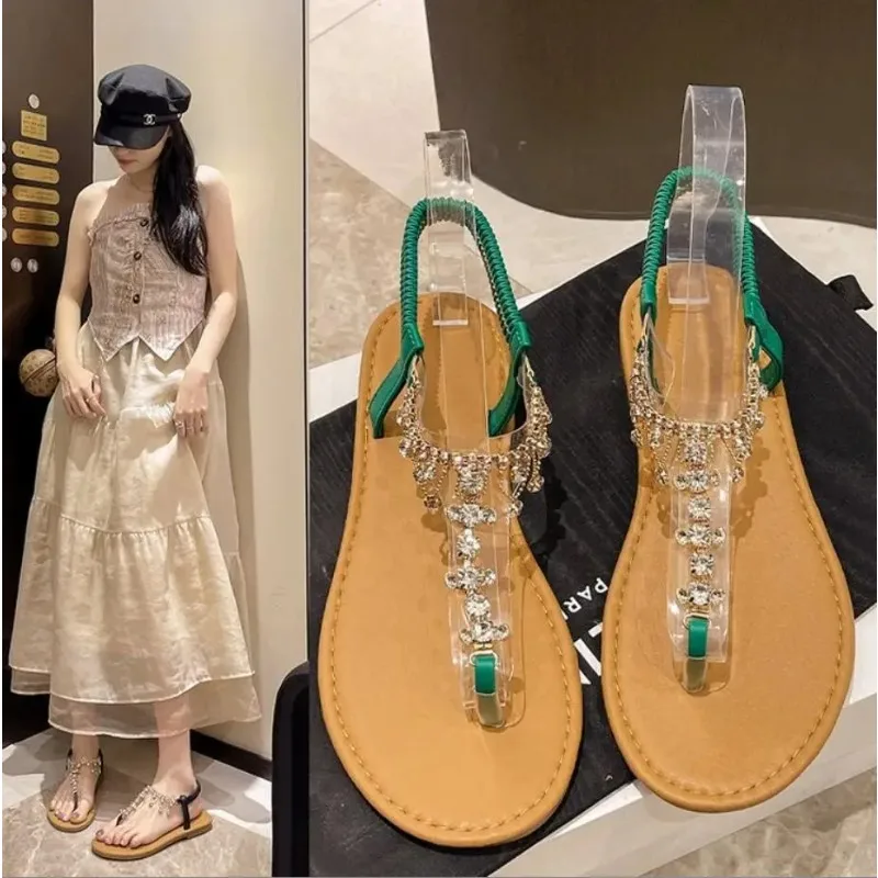 Womens Bohemia Sandal Luxur Rhinestone Fashion Clip-toe Sandals   Outdoor Slip-On Flat Slippers Summer Holiday Non-Slip Sandlias