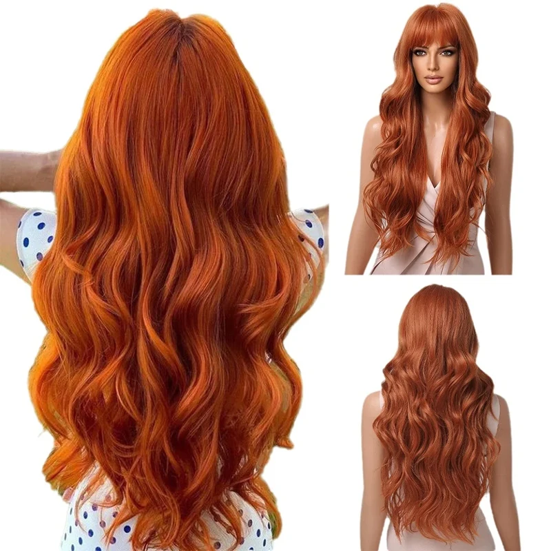 

Wig, full head cover, women's bangs, front lace, orange long curly hair, water ripple Synthetic fiber wig