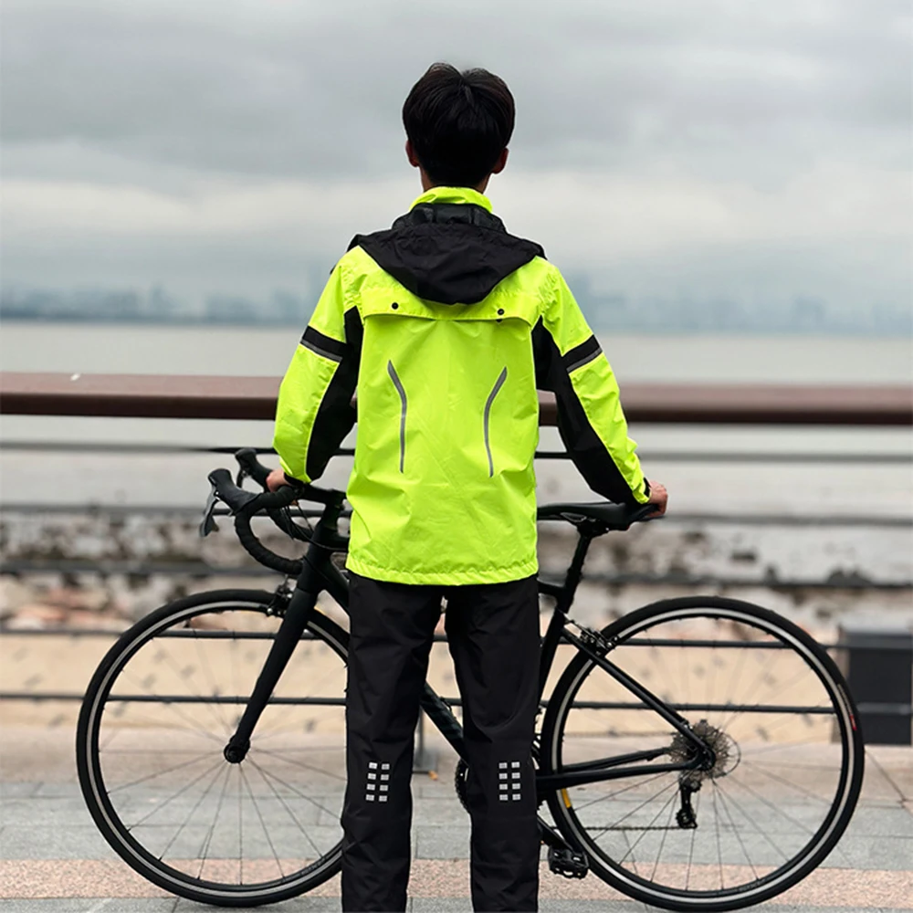 Bicycle Rain Pants Rain Coat Suit Waterproof Reflective Rain Jacket with Detachable Hood & Shoe Cover for Outdoor Cycling