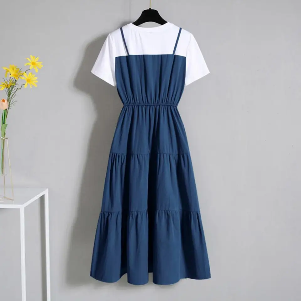 Vestido de verano 2024 de moda, dos piezas falso con tirantes, manga corta, ajustado a la cintura para mujer 4