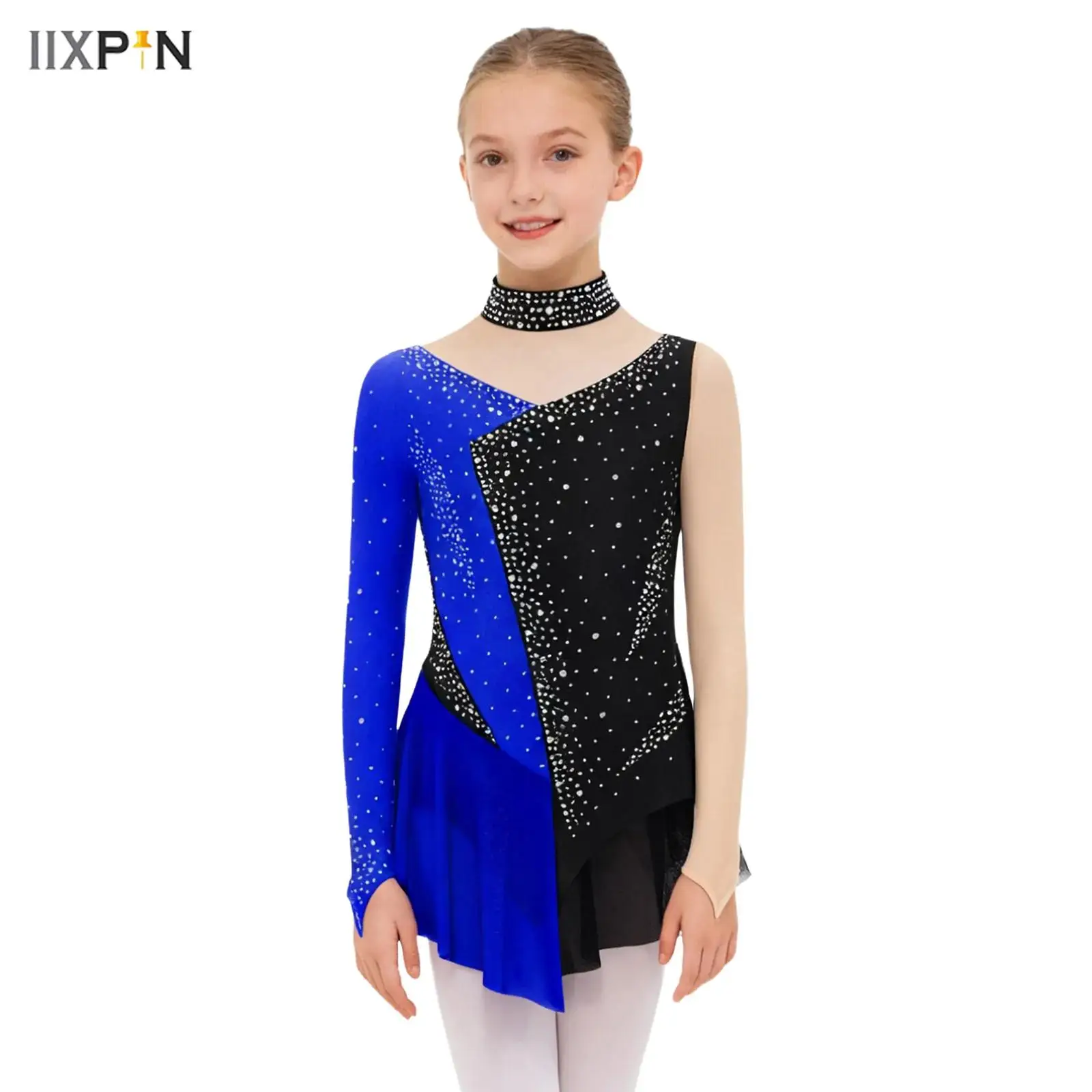 

Kids Girls Rhythmic Gymnastics Leotard Sparkly Rhinestone Sheer Mesh Patchwork Long Sleeve Bodysuit Figure Skating Dance Dress