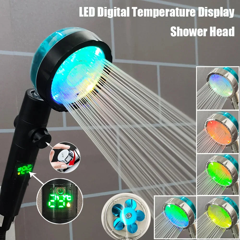 LED Digital Temperature Display Shower Head Temperature Control Colorful Fan Spray Nozzle High Pressure Rainfall Bathroom Shower