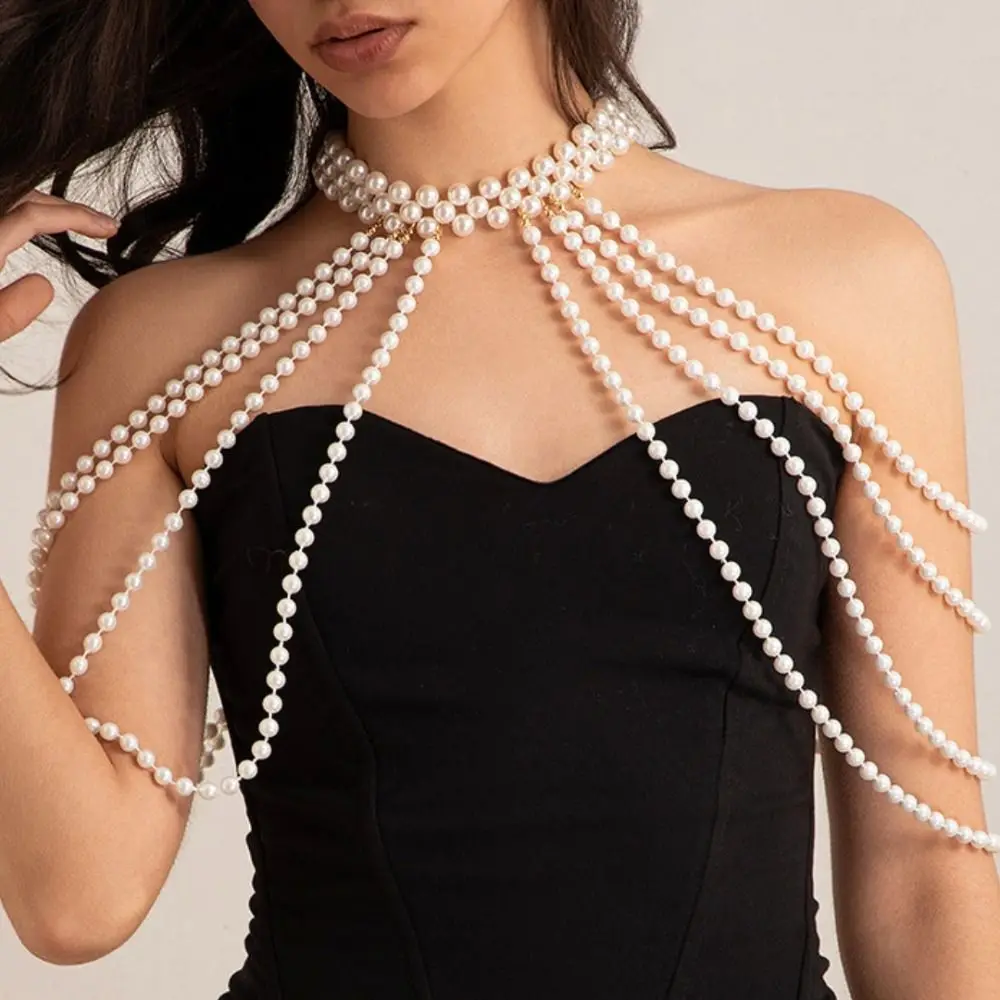New Imitation Pearl Body Chain Collar Shoulder Bridal Jewelry Big Necklaces Shawl Beaded Sweater Long Chain Women Sexy