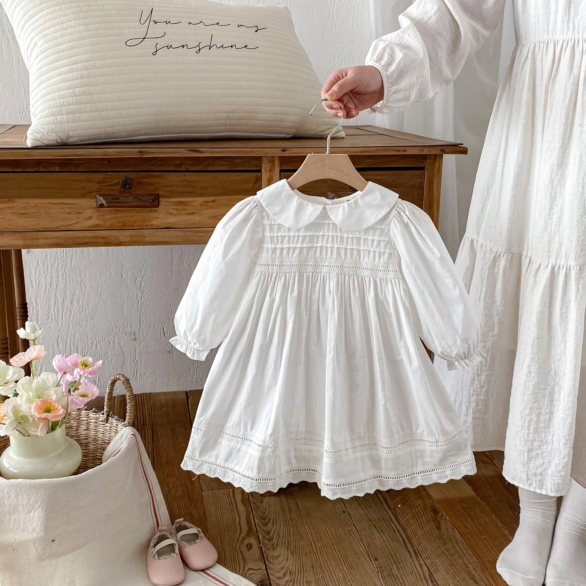 1-7Yrs Casual Mädchen Kleid Frühling Kinder Kleidung Baumwolle Spitze Süße Peter Kragen Weiß Baby Mädchen Gestickte Prinzessin Party Kleider – Detail 3