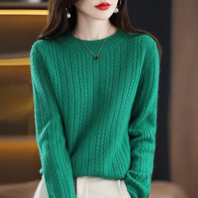 Women's AutumnWinter Round Neck Long Sleeve Thick Sweater Solid Fashion Casual Knit Pullover Versatile Slim Elegant Lady Tops