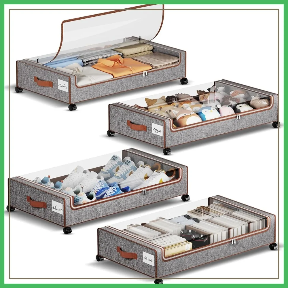 Under Bed Storage with Wheels, 4 Pack 60L Rolling Containers with Lids & Labels for Clothes, Blankets, Shoes