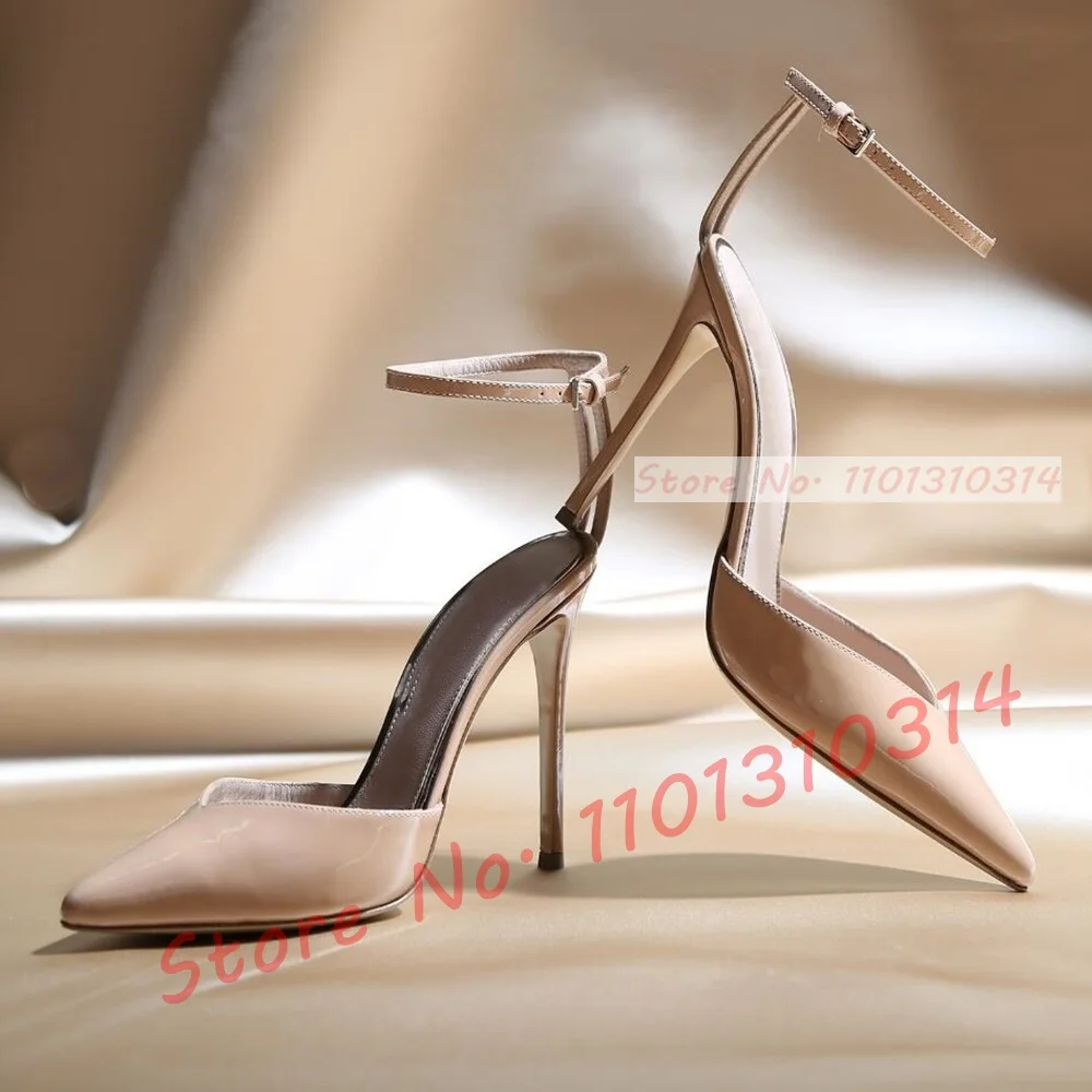 Nude Patent Leather Pointy Toe Sandals Women Casual Thin High Heels Shoes Double Back Strap Party Elegant Silver Evening Sandals