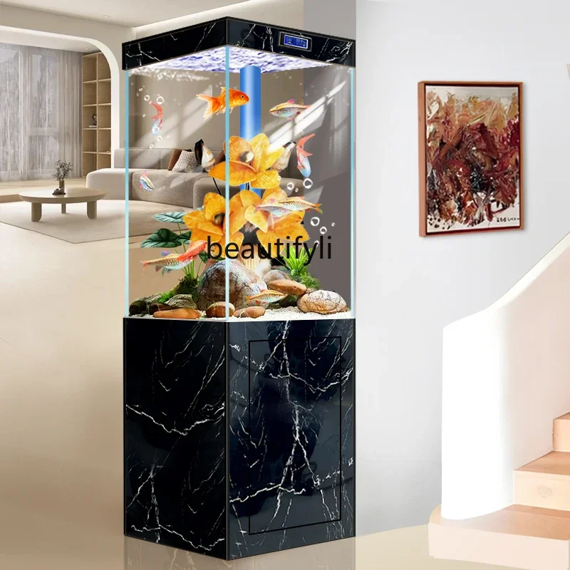 Vertical fish tank small living room floor-to-ceiling bottom filter goldfish tank ultra-white glass water-free box H