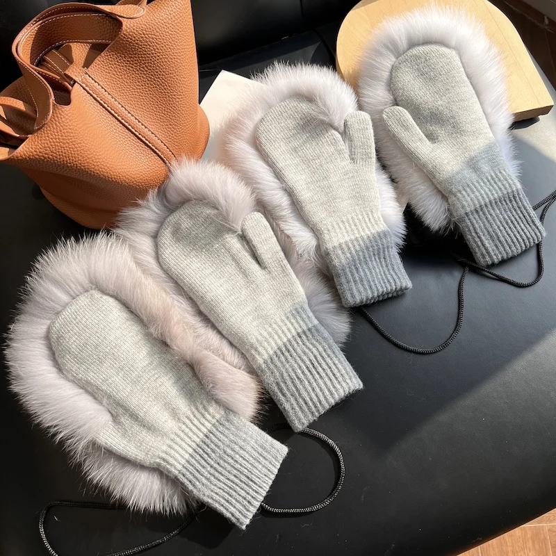 Brand New Women Genuine Woollen Fox Fur Covered Fashio Winter Gloves Mittens real fox fur luva fur glove