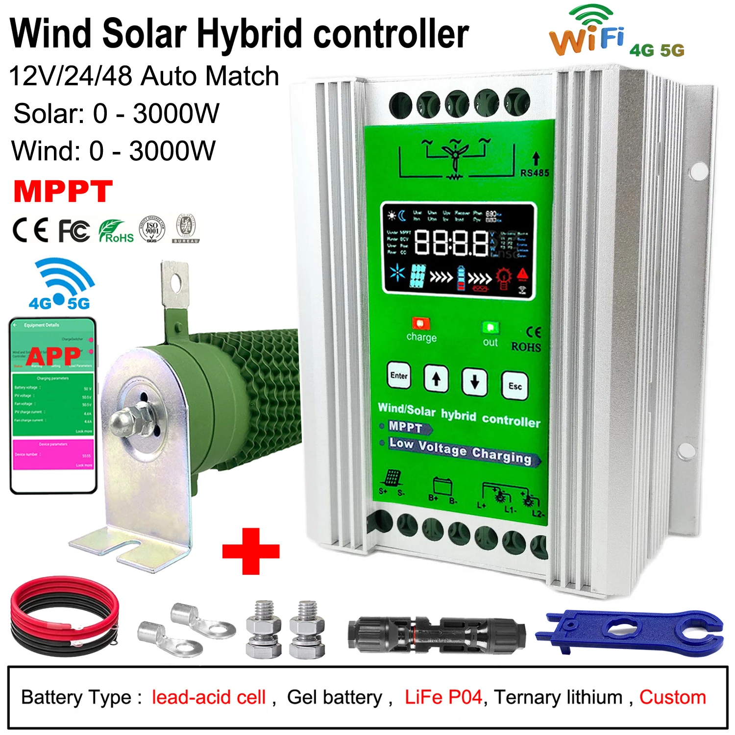 

MARS 4000W 12 24V 48V MPPT Hybrid Solar Controller Wind Turbine Battery Equalizer With Dump Load LCD Display Lifepo4 All Battery