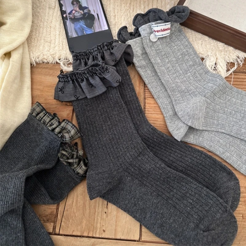 1 paire automne hiver nouveau Style coréen dentelle nœud chaussettes pour femmes coton court Coquette chaussettes gris décontracté chaussettes lâches de haute qualité