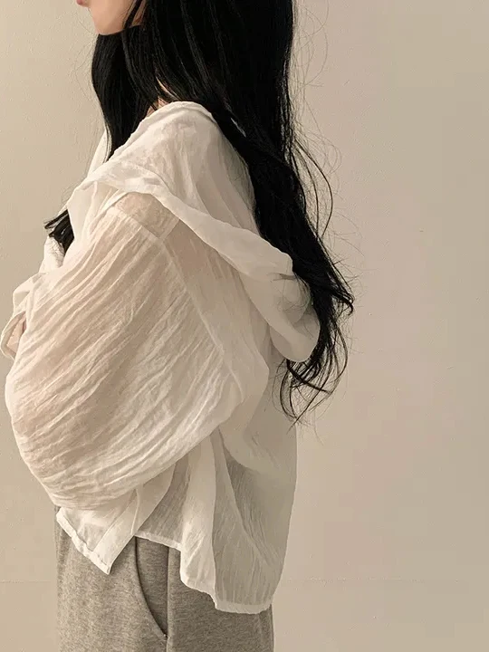 Dimagrante Loose Fit Lungo Sve Colore puro Cappello Design Protezione solare irt Donna Chic Estate Nuovo Sle Thin irt Capispalla