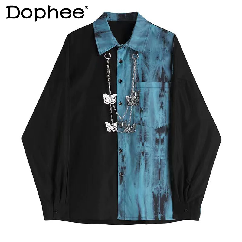 Over Size Contrast Color Chain Long-Sleeve Shirts Men's Trendy 2024 Spring Autumn Personality Necklace Tops Loose Casual Shirt