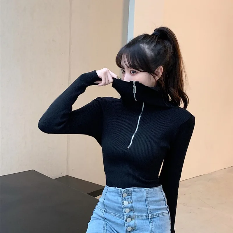 Women Zipper Turtleneck Knitted Sweater Shirt 2024 Autumn Slim Fit Fashion Chic Long Sleeve T-shirt Cropped Tops Tees Streetwear