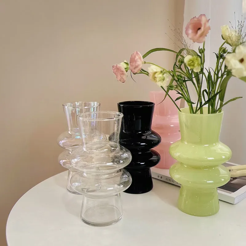 Simple and high-end cream glass vase, water nourishing fresh flowers, dried flowers, French living room ornament