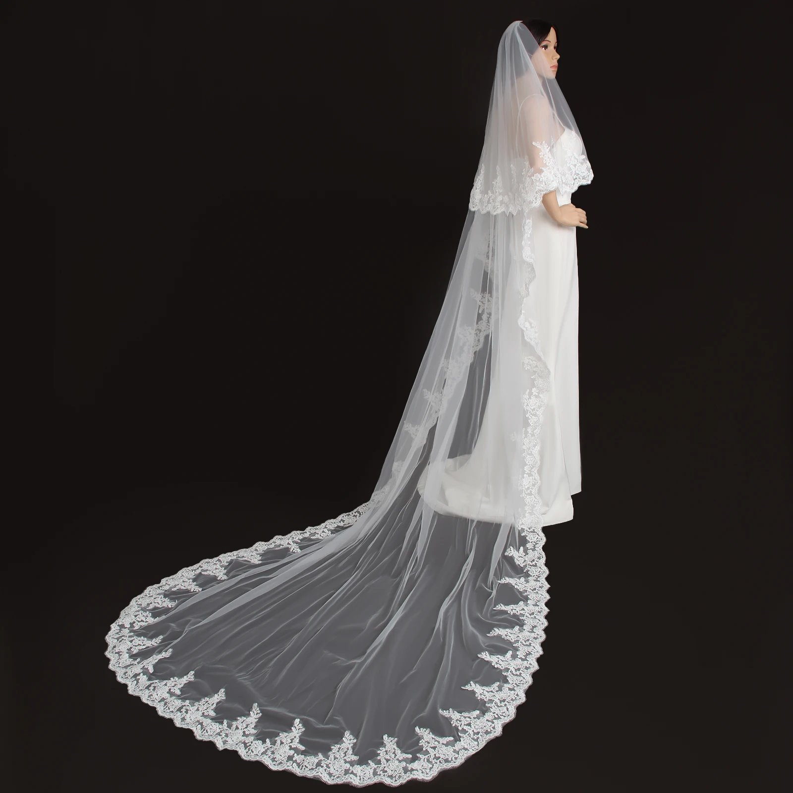 2 Tier Cathedral Length Wedding Veil Blusher Floral Embroidered Lace Edge Metal Comb Ivory White Church Ceremony Photo Shoot