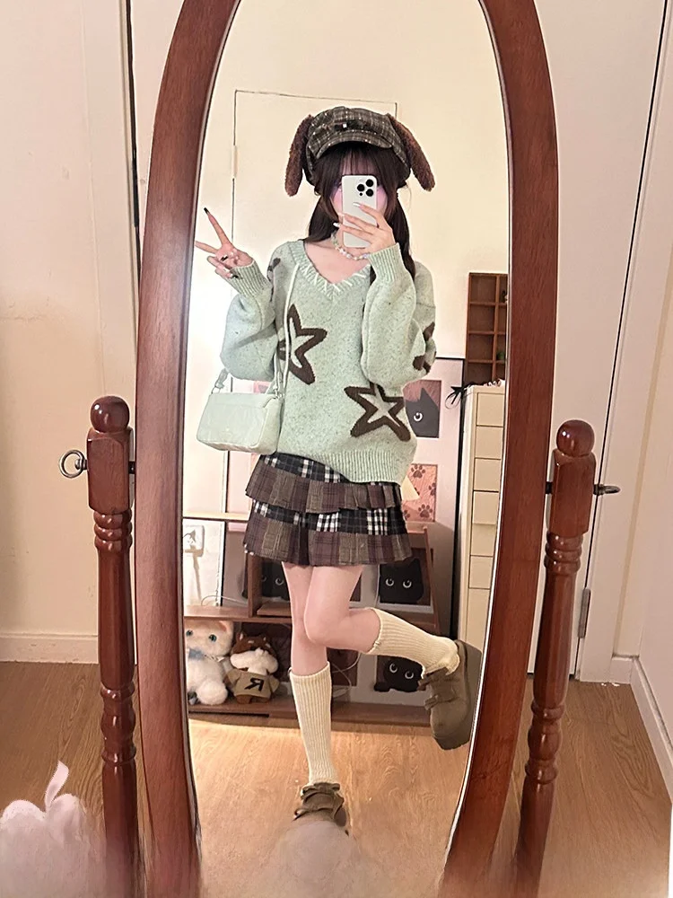 

Warm Long Sve V-Ne Knitwear Women's Loose Fit Autumn Winter Sweater Mint een Lemon Sugar Star Academy Sle Casual Wear