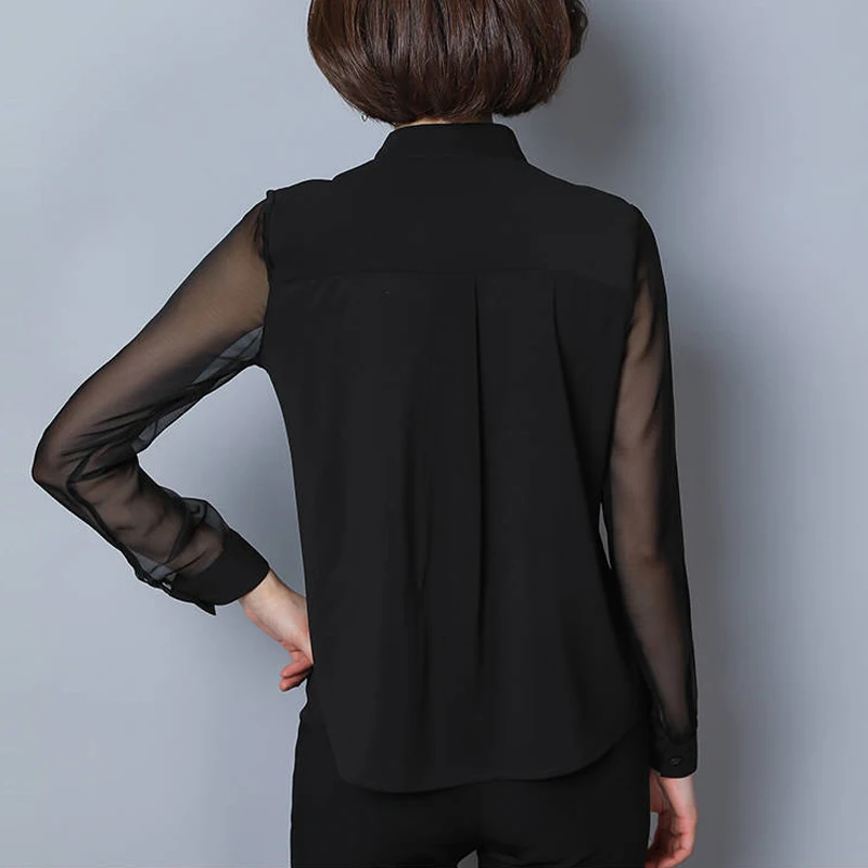 Chemise boutonnée à manches longues pour femmes, chemisiers de trajet simples, col montant élégant, noir transparent, dame de bureau, mode sexy,