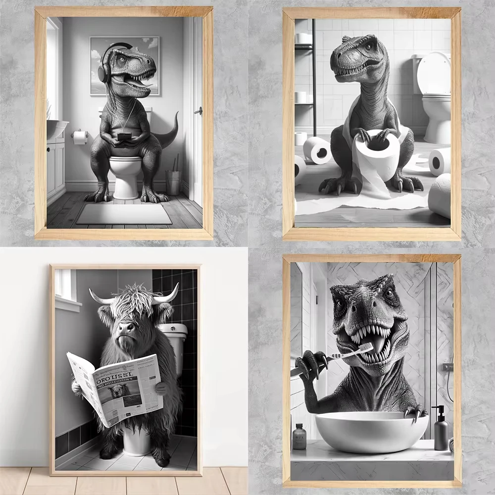 Black and White Bathroom Canvas Wall Art Featuring Animal Whimsical Shark, Dinosaur, and Cow Toilet Poster Bathroom Toilet Decor