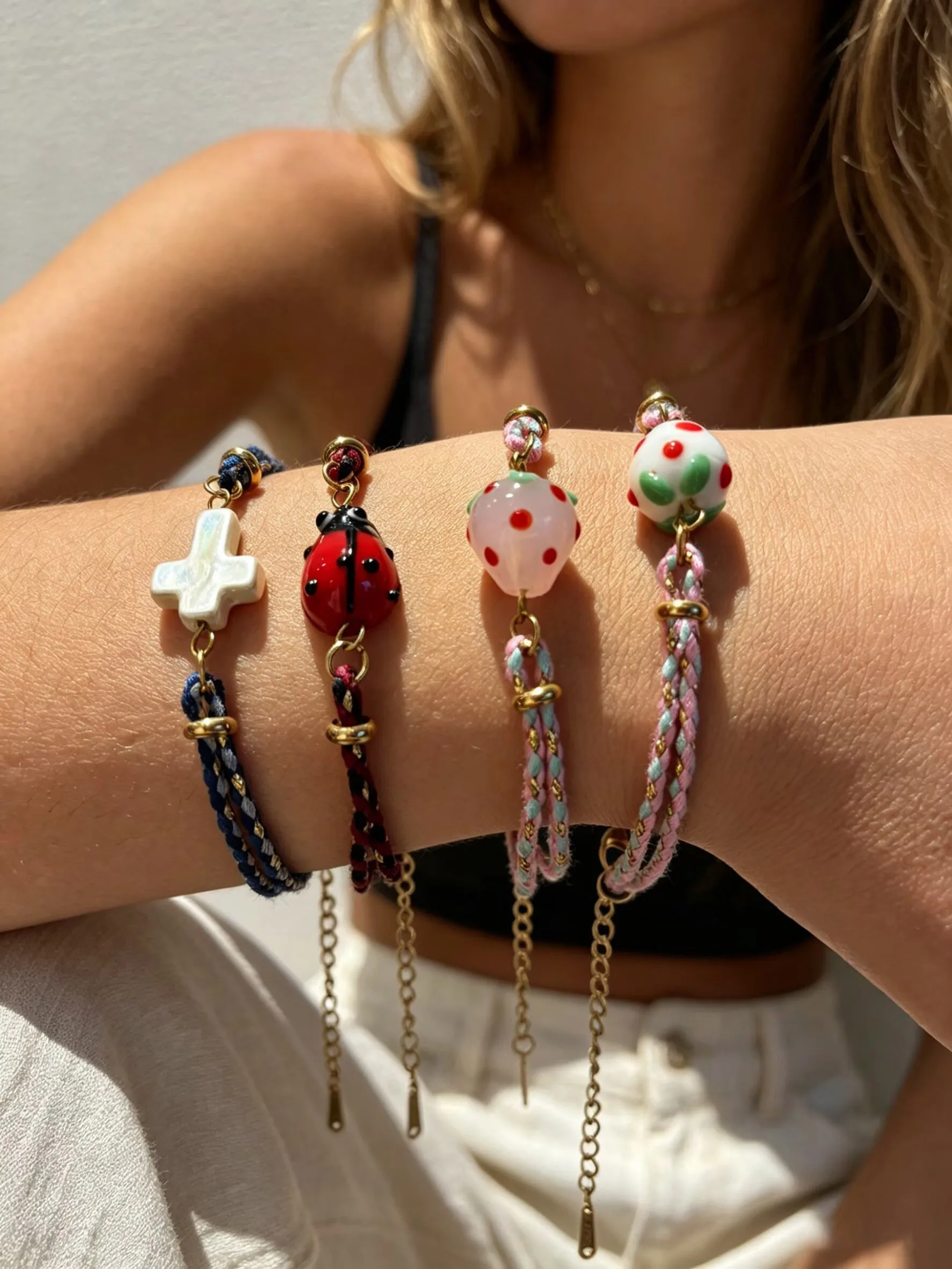 GHIDBK Imitation Pearl Glass Fruit Cross Bracelet Bohemian Style Stackable Colorful Rope Wrist Women Fashion Jewelry Accessories