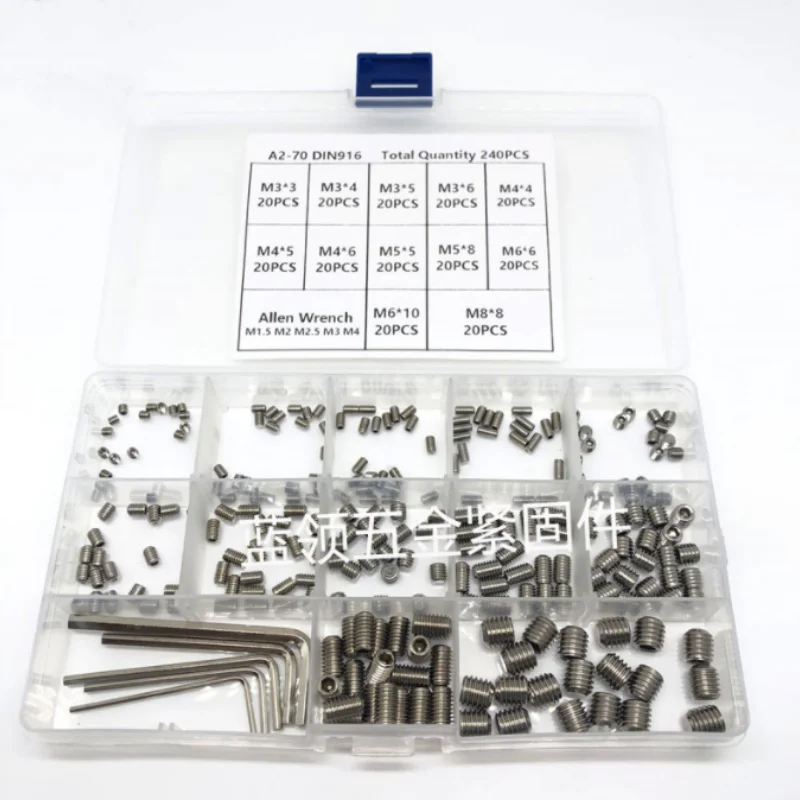 240Pcs Grub Screw Set M3 M4 M5 M6 M8 304 Stainless Steel Allen Head Hex Hexagon Socket Grub Headlessk Bolt Kit for faucet Door